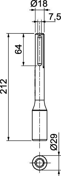 Un dessin technique d'un stylo avec les dimensions suivantes : longueur totale 212 mm, largeur supérieure 18 mm, largeur inférieure 29 mm, longueur du capuchon 64 mm.