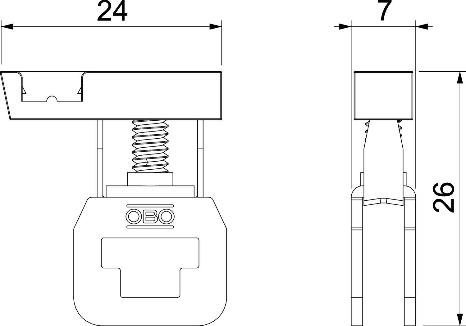 Dessin technique d'un clip de fixation avec dimensions : 24 mm de largeur, 7 mm de hauteur de pince supérieure, 26 mm de hauteur totale/de ressort.