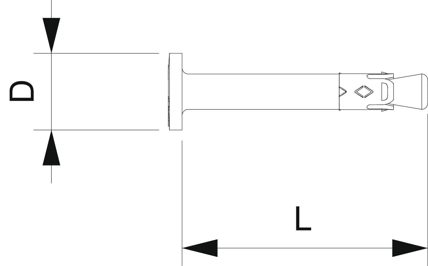Diagramme d'un goujon à tête plate en vue latérale. Sont marqués : diamètre 'D' et longueur 'L'.
