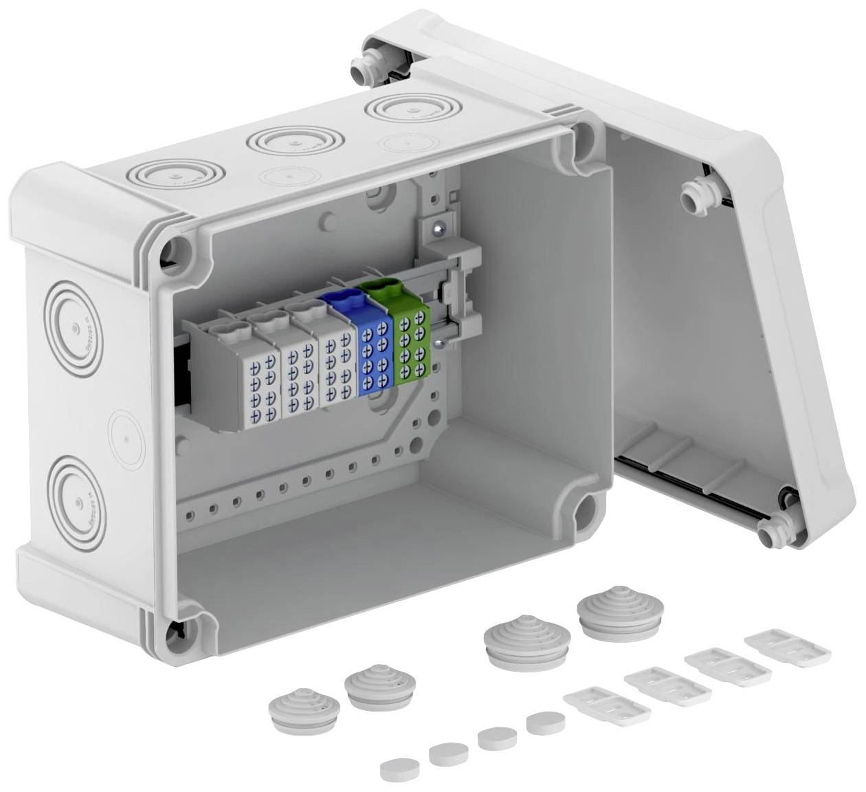 Un boîtier de distribution gris ouvert avec plusieurs bornes de connexion codées par couleur à l'intérieur. Le couvercle est posé à côté.