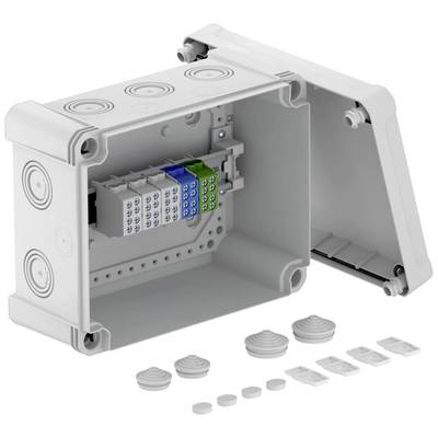Un boîtier de distribution gris ouvert avec plusieurs bornes de connexion codées par couleur à l'intérieur. Le couvercle est posé à côté.