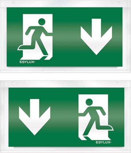 Panneau vert avec deux flèches pointant vers le bas et deux symboles de sortie de secours. Indique la direction de l'évacuation.
