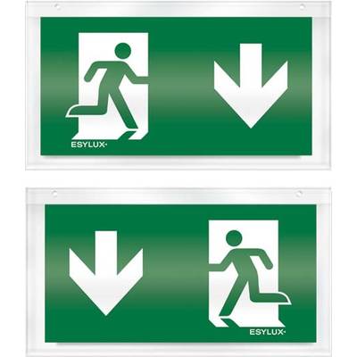 Panneau vert avec deux flèches pointant vers le bas et deux symboles de sortie de secours. Indique la direction de l'évacuation.