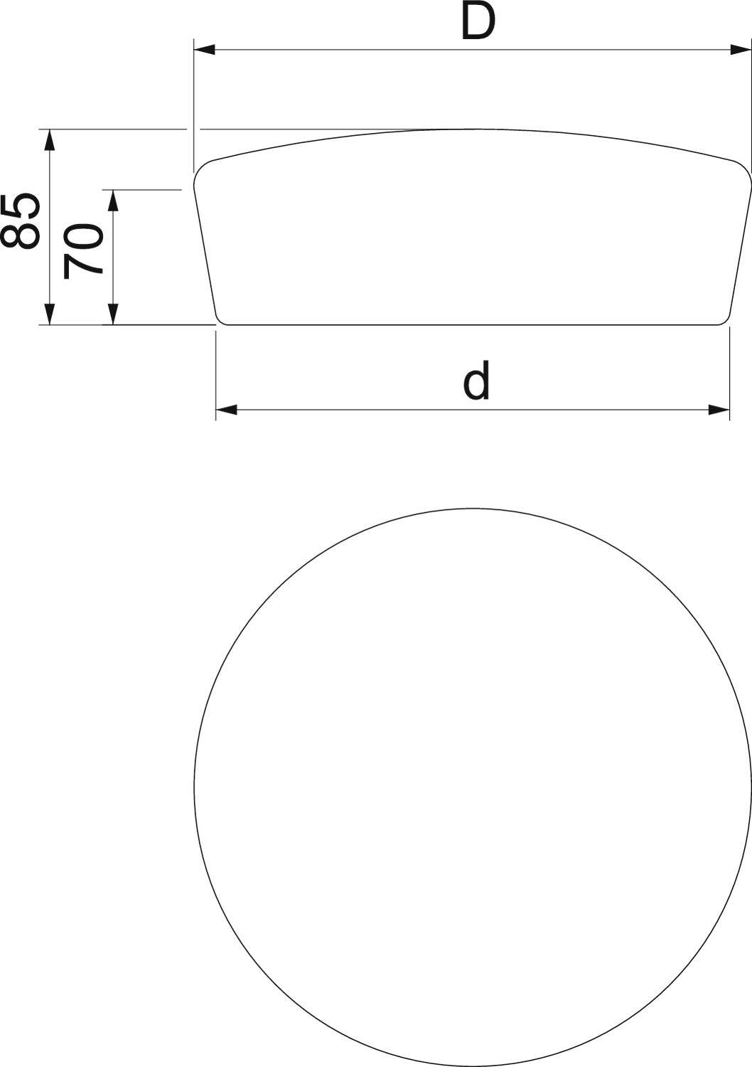 Dessin technique d'un cercle et d'une forme rectangulaire aux coins arrondis. Dimensions : hauteur 70, largeur 85.