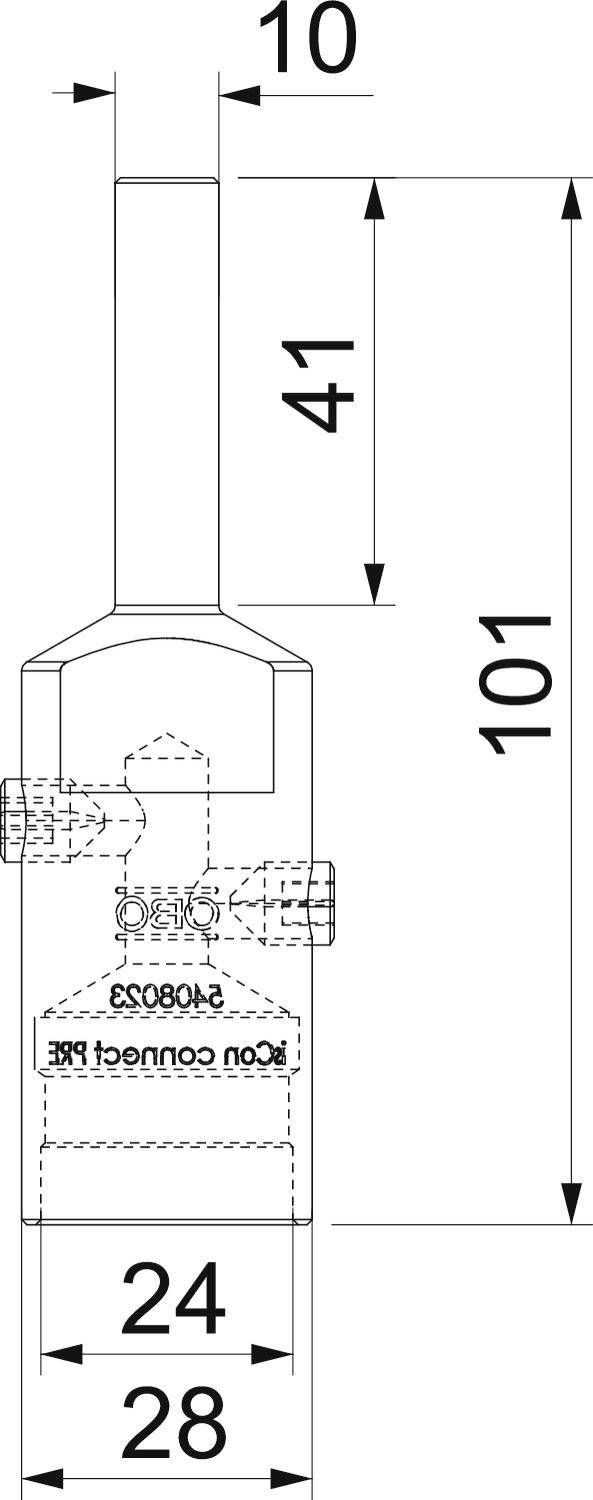 Dessin technique d'un connecteur avec les dimensions suivantes : hauteur totale 101 mm, largeur 28 mm, largeur de tête 24 mm, hauteur de tige 41 mm.
