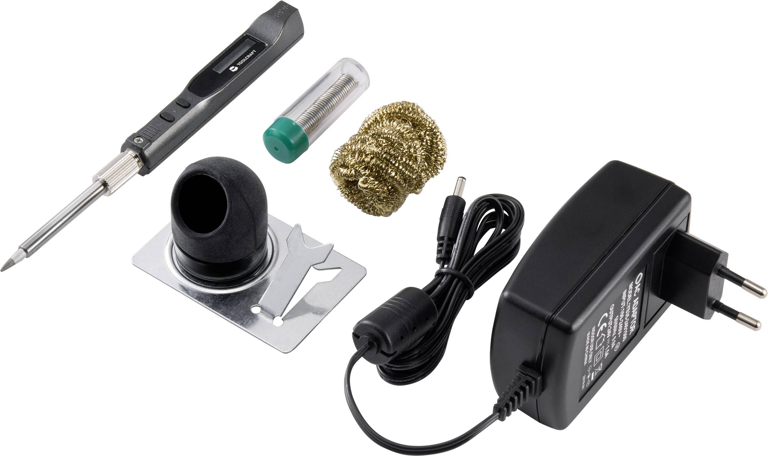 Kit de fer à souder : Fer à souder, étain à souder, laine de nettoyage, support et alimentation électrique. Adapté pour les petits travaux d'électronique.