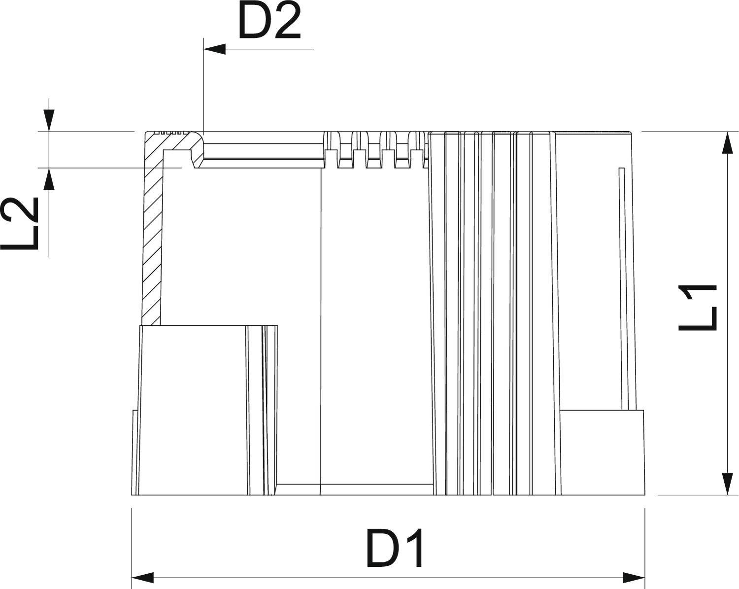 Dessin technique d'un objet cylindrique avec deux diamètres (D1, D2) et hauteurs (L1, L2), présentant une coupe transversale avec détails.