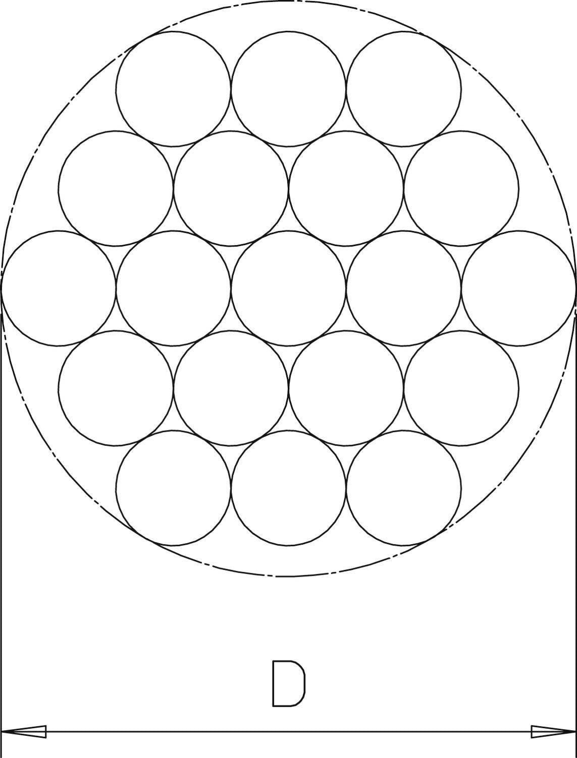 Un arrangement circulaire de petits cercles à l'intérieur d'un grand cercle. En dessous se trouve la lettre 'D'.