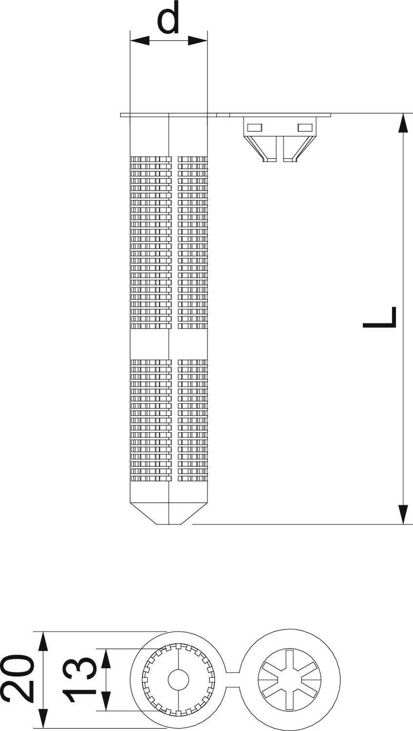Dessin technique d'un élément de fixation avec dimensions : longueur totale L, diamètre d et deux cercles de diamètres 20 et 13 mm.