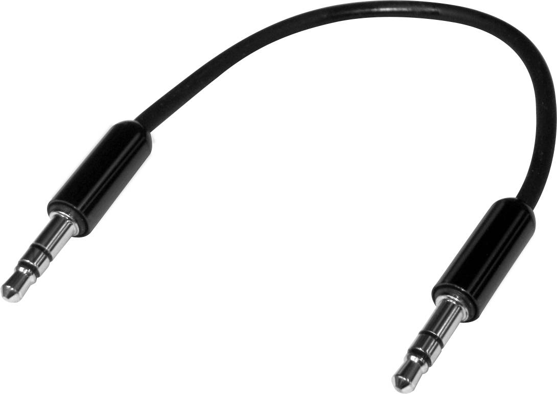 Câble audio noir avec deux fiches jack 3,5 mm à ses extrémités, permettant de connecter des sources audio telles que des casques ou des enceintes.