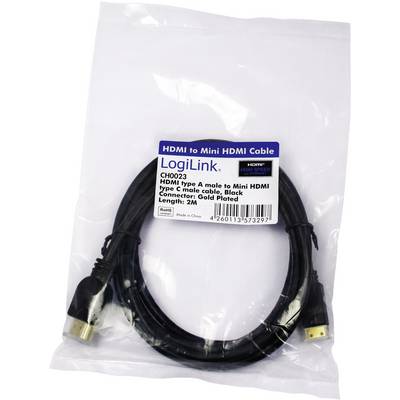 'Câble HDMI vers Mini HDMI, câble noir, connecteurs dorés, longueur de 2 mètres, marque : LogiLink.'