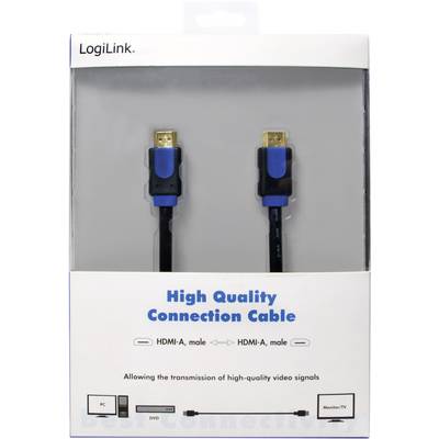 Un emballage gris contenant deux câbles HDMI bleus. Inscription : 'Câble de connexion Haute Qualité'. Des flèches indiquent la connexion entre PC/DVD et moniteur/TV.