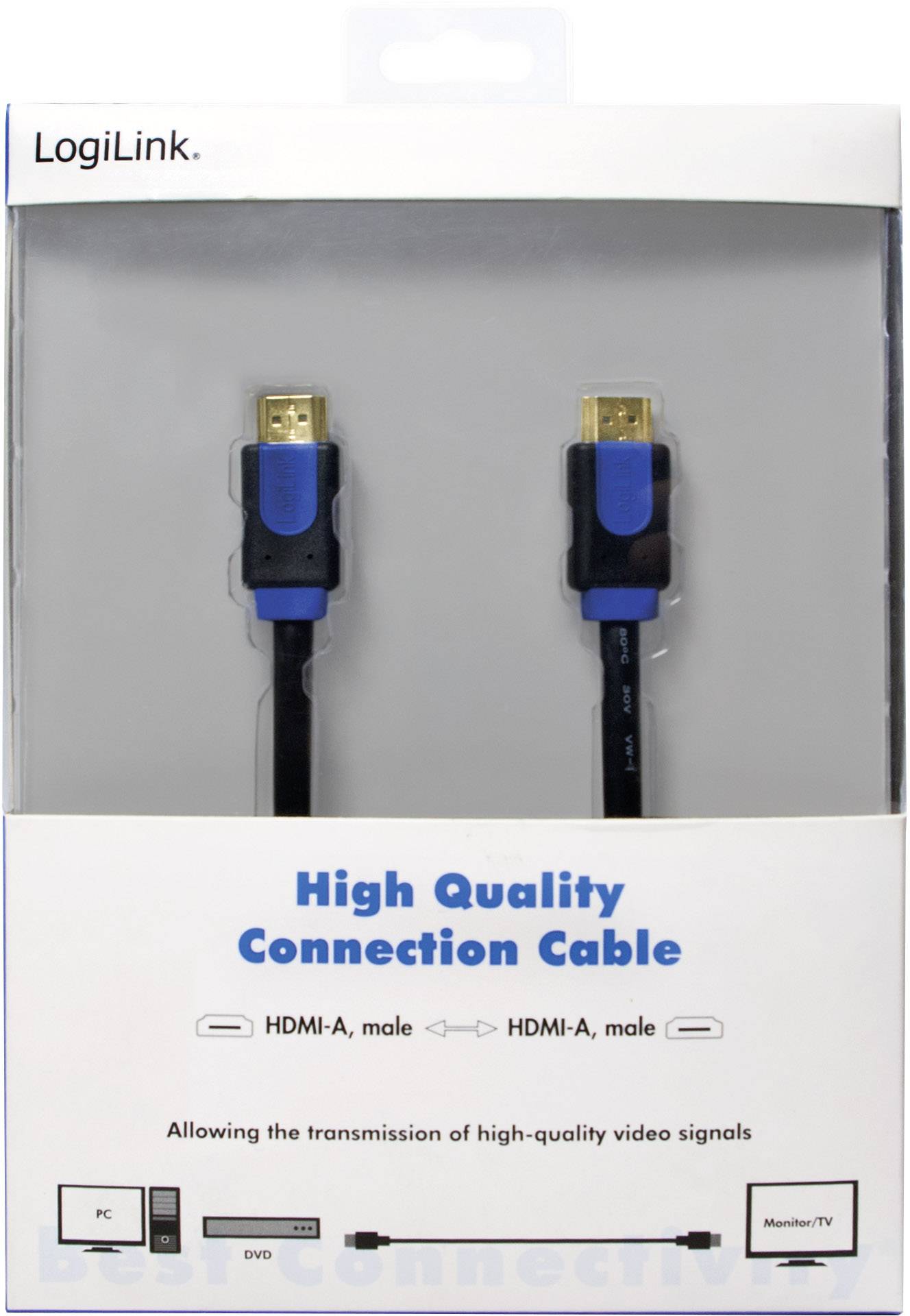Deux câbles HDMI dans un emballage de LogiLink. Inscription : 'Câble de connexion haute qualité'. Adapté pour PC, DVD, moniteur/TV.