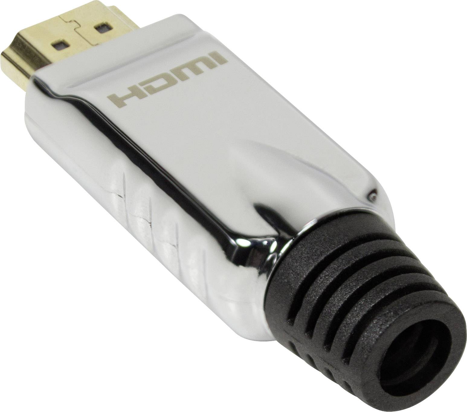 Un adaptateur HDMI argenté avec un connecteur noir, design détaillé.