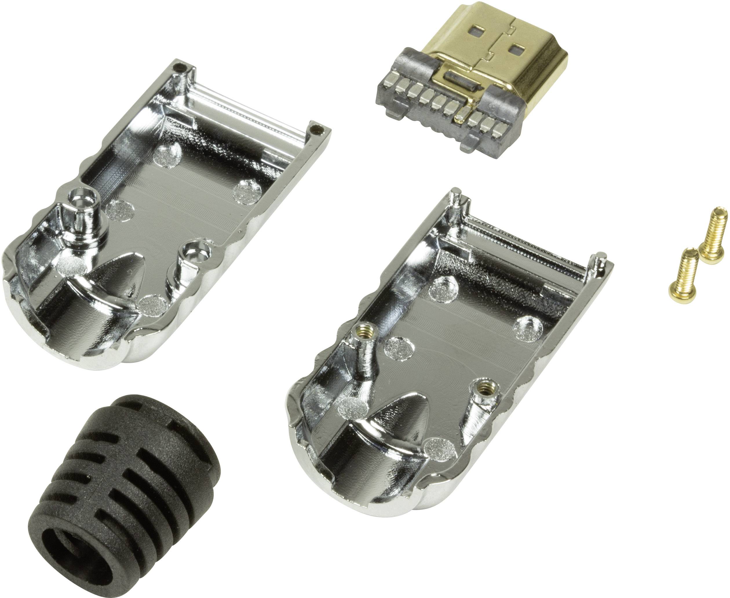 Un connecteur électrique démonté avec des pièces de boîtier métalliques, une tête de connecteur, deux vis et un passe-câble noir.