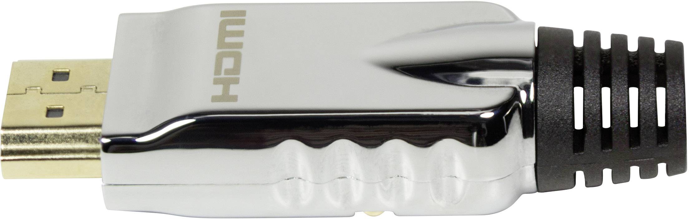 'Gros plan d'une prise HDMI avec boîtier argenté et extrémité noire, montrant le côté de connexion avec un connecteur doré.'