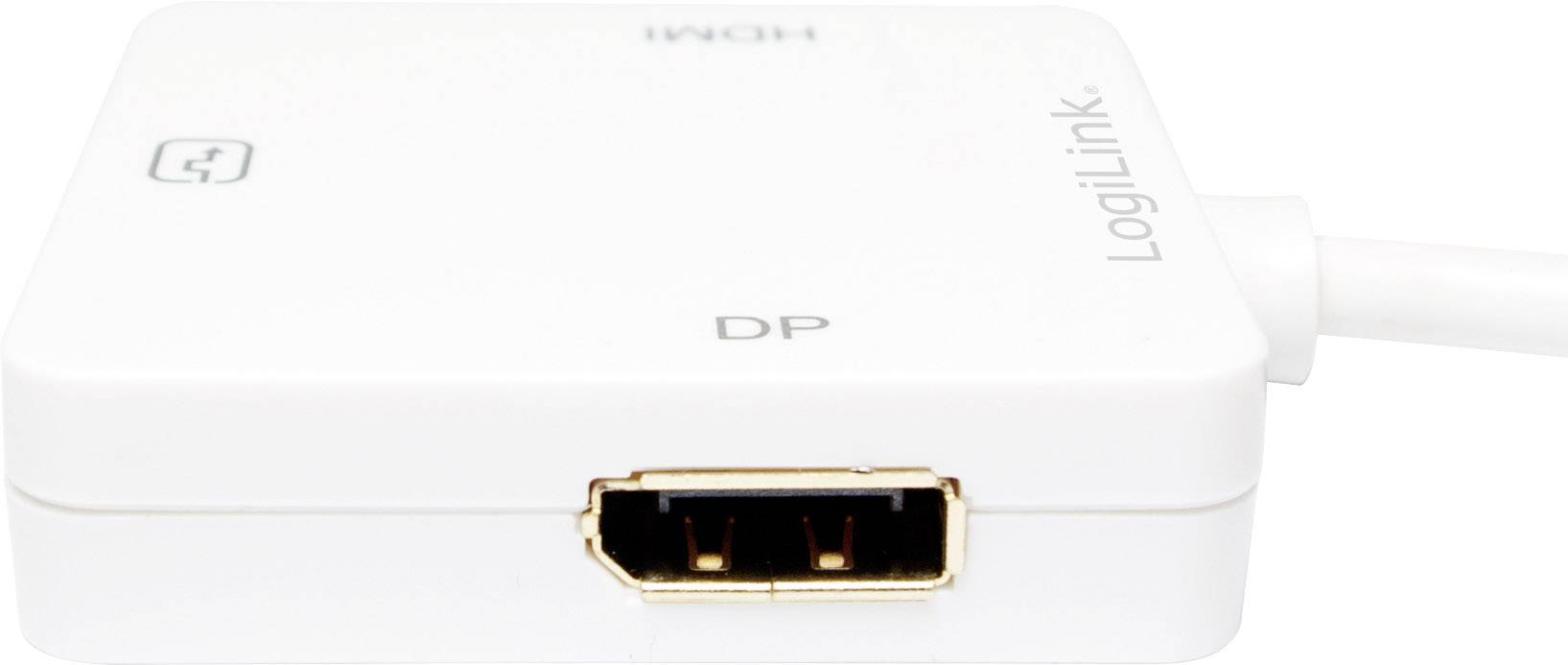Adaptateur blanc LogiLink avec ports HDMI et DisplayPort.