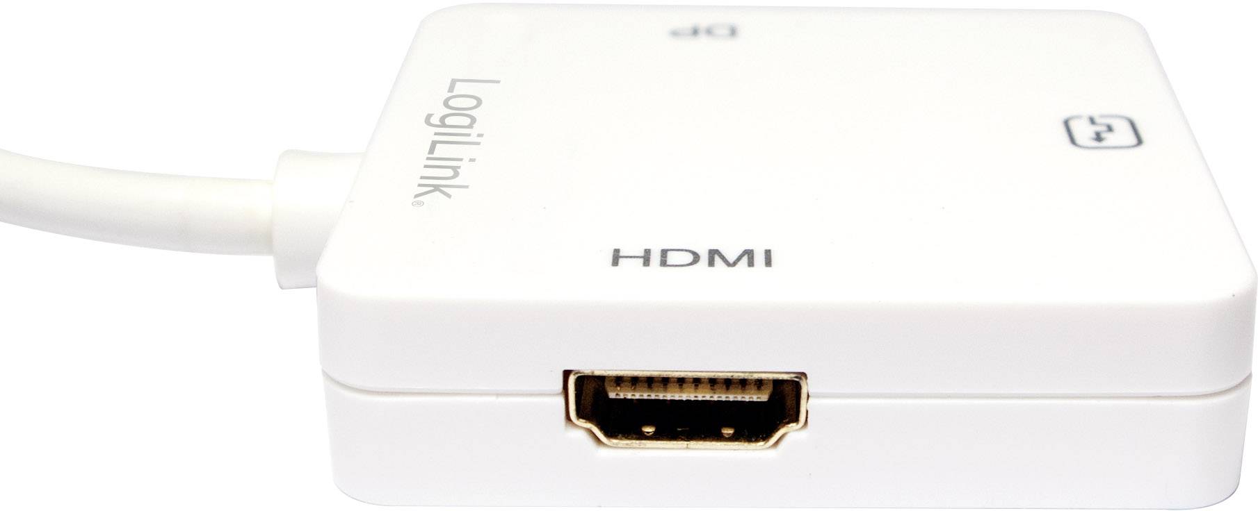 Un adaptateur blanc, probablement de LogiLink, avec un port HDMI et un câble court, vraisemblablement utilisé pour connecter des appareils.
