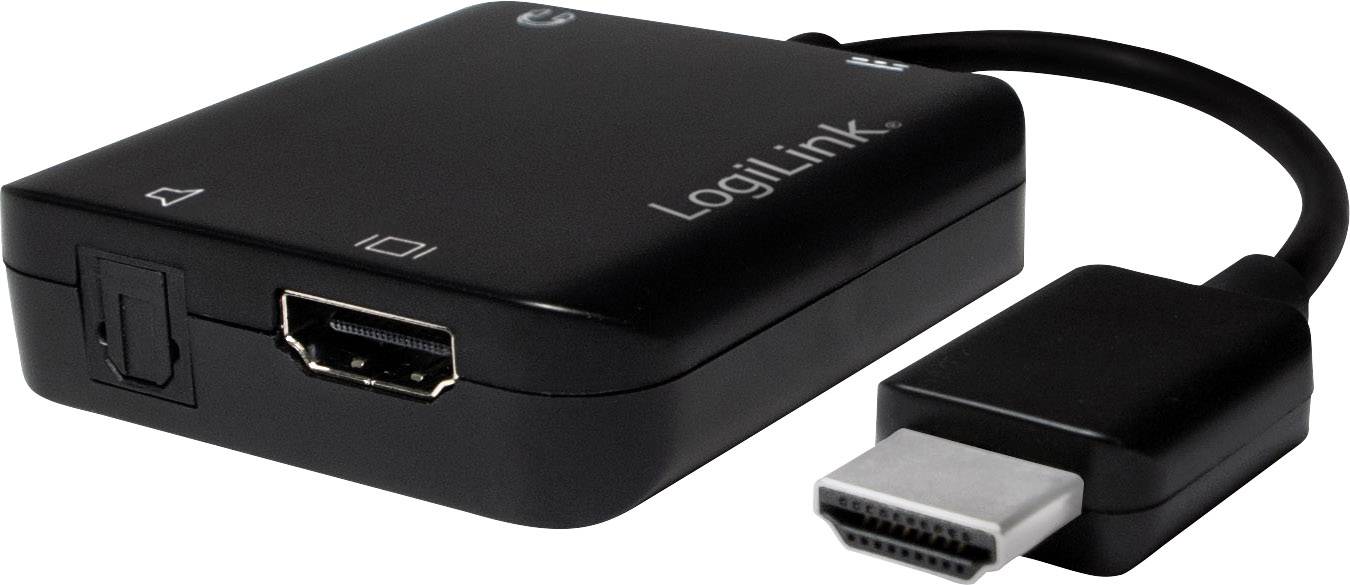 Un petit commutateur HDMI noir de LogiLink avec trois entrées HDMI et une sortie.