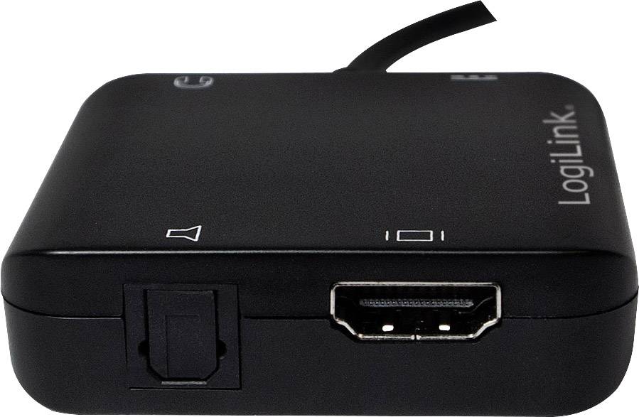 Commutateur HDMI noir avec un port HDMI et logo LogiLink à droite. La face supérieure présente des symboles audio et vidéo.