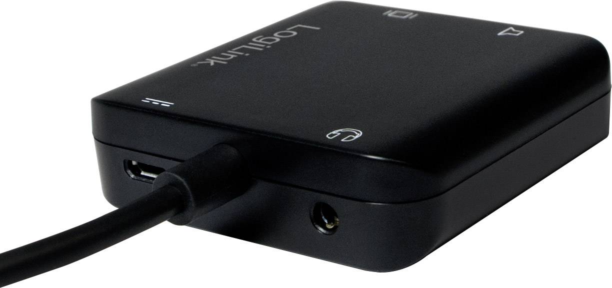 Un hub USB noir avec plusieurs ports, comprenant une entrée USB et des ports audio, offre une connectivité étendue.