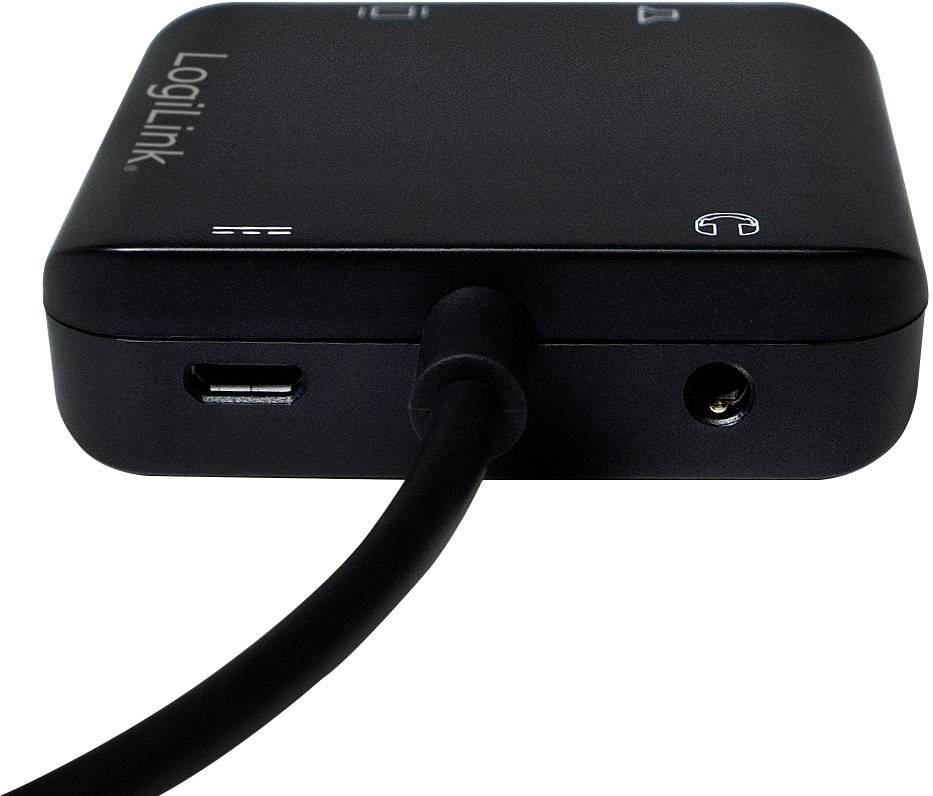 Un adaptateur noir LogiLink avec port USB, prise casque et câble d'alimentation, adapté aux connexions audio.