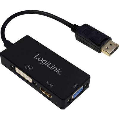 Un adaptateur avec une fiche DisplayPort et trois sorties : HDMI, DVI, VGA, permettant de connecter un appareil à différents écrans.
