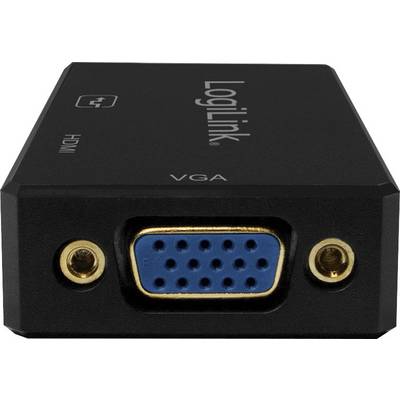 Adaptateur noir HDMI vers VGA avec connecteur VGA bleu et inscriptions 'HDMI' et 'VGA' sur le dessus.