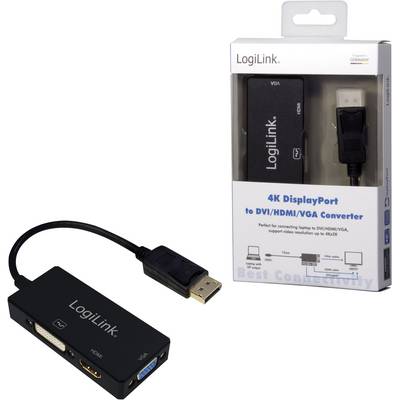 Un adaptateur DisplayPort vers DVI/HDMI/VGA de LogiLink avec son emballage. Utilisable pour se connecter à différentes entrées vidéo.