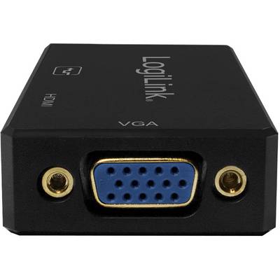 Un adaptateur noir LogiLink convertissant VGA en HDMI. Présente une prise VGA bleue et un port HDMI.