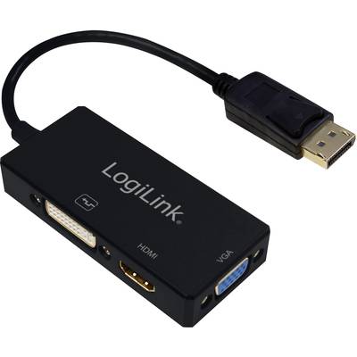 Un adaptateur noir avec le logo 'LogiLink' relie DisplayPort à trois sorties : DVI, HDMI et VGA.