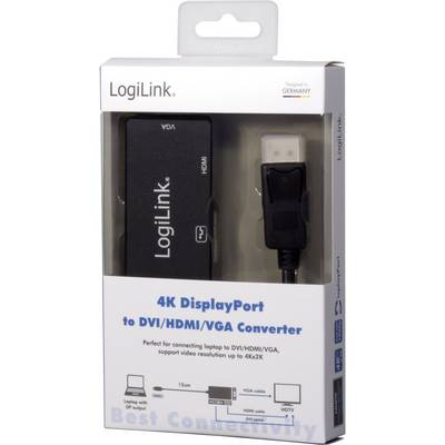Convertisseur LogiLink 4K DisplayPort vers DVI/HDMI/VGA, idéal pour connecter des ordinateurs portables à des écrans haute résolution jusqu'à 4K.