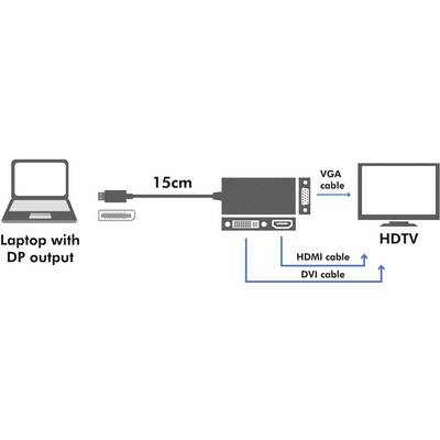 Le diagramme montre un ordinateur portable avec une sortie DisplayPort, connecté via un câble de 15 cm à un adaptateur doté de sorties VGA, HDMI et DVI, lequel est raccordé à un téléviseur haute définition.