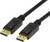 Deux câbles DisplayPort noirs avec des connecteurs dorés sont disposés côte à côte. Ils sont destinés à connecter des moniteurs à des ordinateurs.