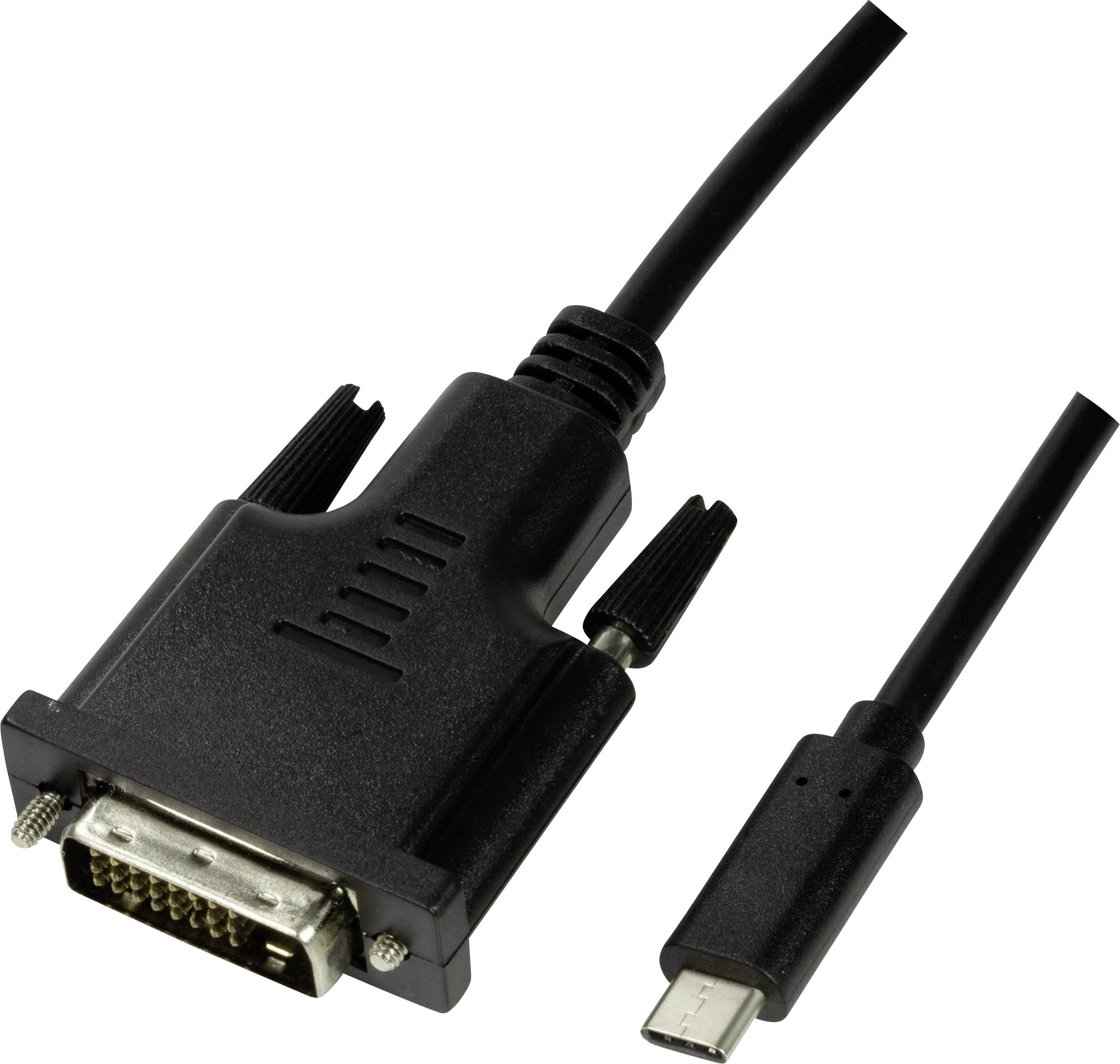 Câble adaptateur noir avec connecteur DVI d'un côté et connecteur USB-C de l'autre, permettant de connecter différents appareils.