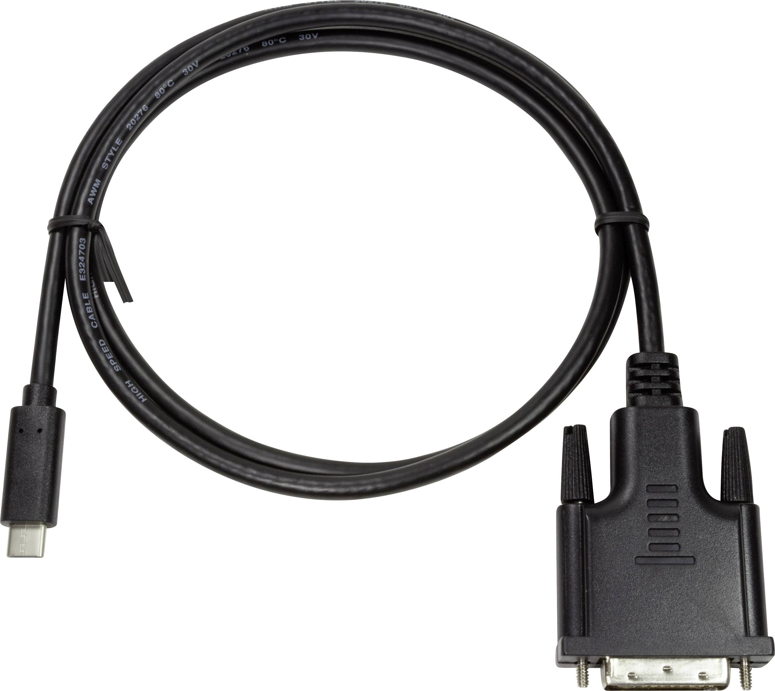 Câble noir avec connecteur USB-C sur le côté gauche et connecteur VGA sur le côté droit, sur un fond blanc.