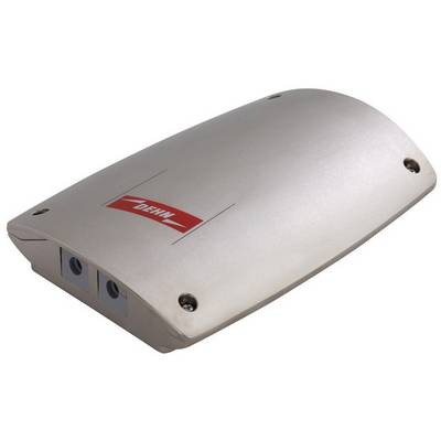 Boîtier métallique d'un dispositif de protection contre les surtensions avec deux ouvertures de connexion et un logo rouge.