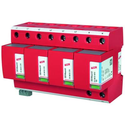 Un dispositif de protection contre les surtensions rouge avec plusieurs emplacements, comportant des marquages verts et rouges, installé sur un rail DIN.