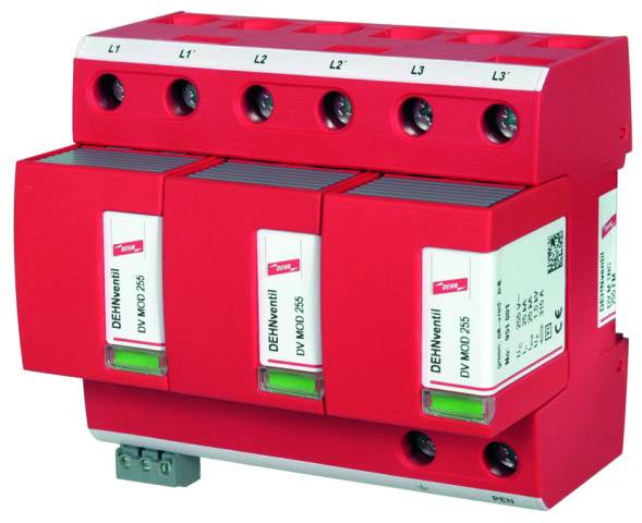 Un dispositif de protection contre les surtensions rouge avec plusieurs connexions, monté sur un rail DIN, pour la protection des systèmes électriques.