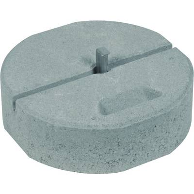 Bloc de béton gris et rond avec une tige métallique centrale et une surface striée, utilisé pour stabiliser les socles de parasols.