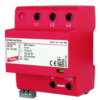 Dispositif de protection contre les surtensions DEHNshield Basic dans un boîtier rouge avec des bornes de connexion pour L1, L2, L3 et PEN. Certification CE visible.