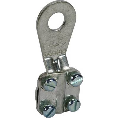 Agrafe métallique à quatre vis et un trou en haut. Utilisée pour fixer ou assembler des composants.