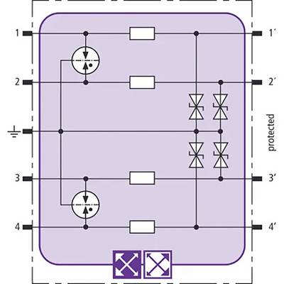'Schéma de circuit d'un dispositif de protection contre les surtensions avec quatre entrées et sorties, diodes Zener et varistances, zone de protection marquée en violet.'