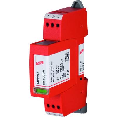 Appareil de protection contre les surtensions 'DEHNrail DR MCM XT' de couleur rouge vif, monté sur un rail DIN gris, avec une étiquette technique.