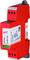 Appareil de protection contre les surtensions 'DEHNrail DR MCM XT' de couleur rouge vif, monté sur un rail DIN gris, avec une étiquette technique.