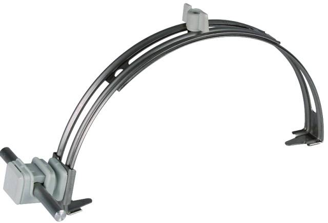 Un support de câbles argenté avec trois boucles, deux pinces de fixation blanches et un levier, pour un acheminement ordonné des câbles.