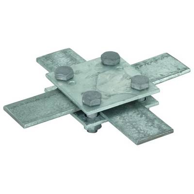 Un élément métallique relie deux poutres qui se croisent. Il est fixé avec plusieurs vis afin de stabiliser la structure.