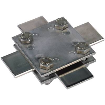 Construction de liaison métallique avec quatre fers plats boulonnés, indicateur d'une solution de fixation industrielle robuste.