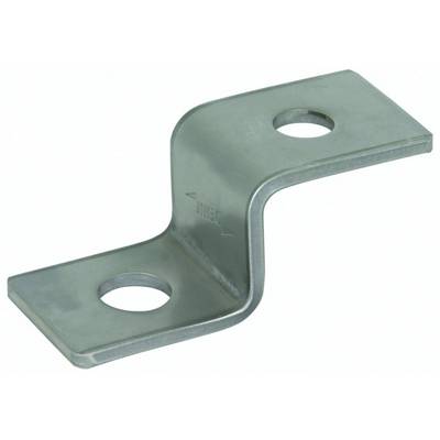 Un élément de fixation métallique en forme de L avec deux trous ronds pour vis ou boulons.