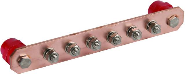 Barrette de cuivre à sept boulons, deux sont marqués en rouge. Utilisée pour la mise à la terre électrique ou la connexion de câbles.